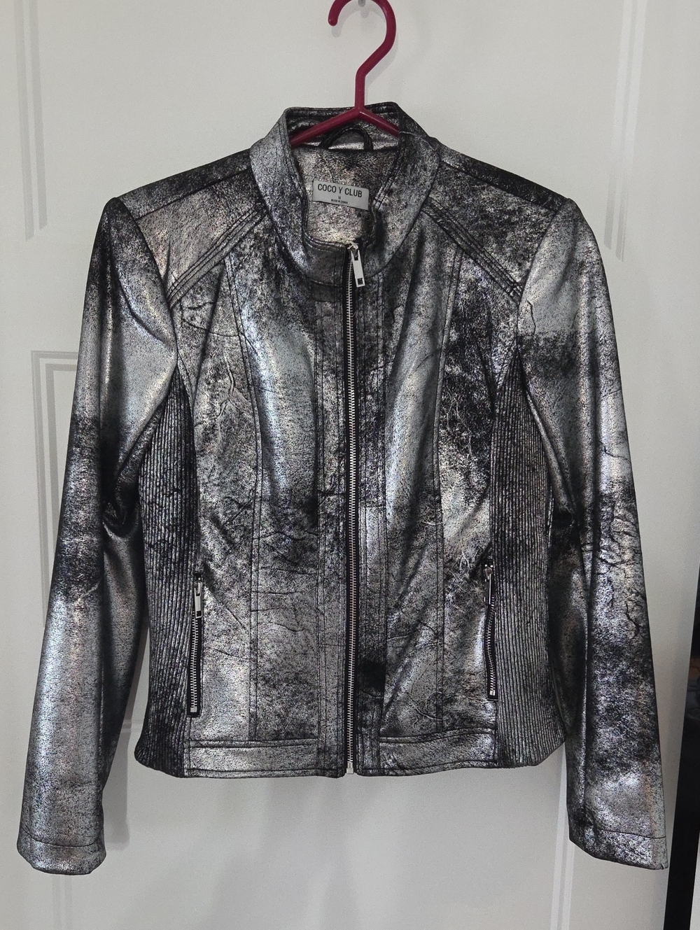 Women's Metallic Silver Zip-Up Faux Leather Jacket